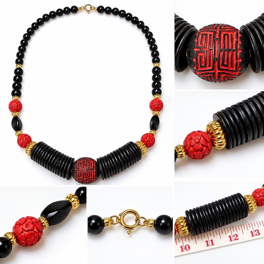 Vintage Asian Inspired Red Black Carved Bead Statement Necklace Gold Tone
